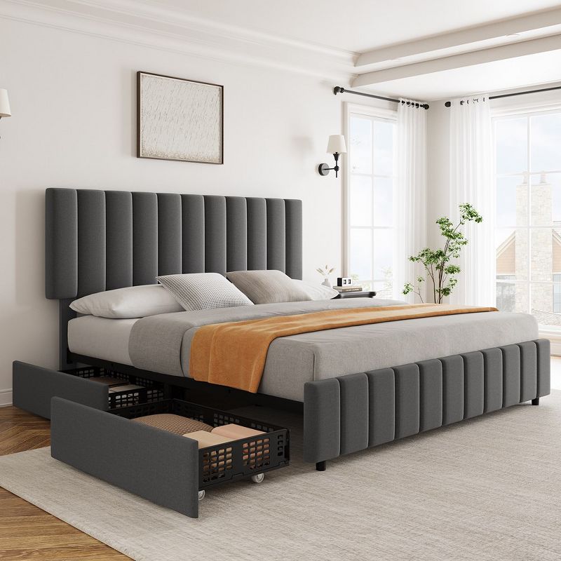 Whizmax Full Size Bed Frame with Adjustable Headboard and 4 Storage Drawers, Linen Upholstered Platform Bed Frame with Wooden Slats Support, Grey, 5 of 10