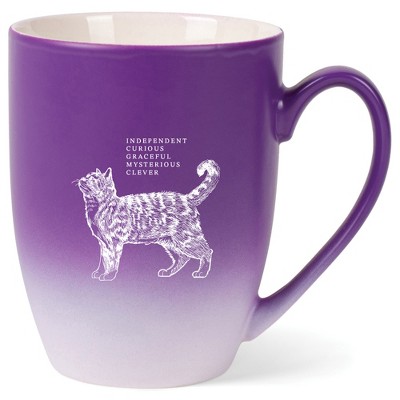 Elanze Designs 12 Ounce Ceramic Decorative Laser Engraved Giftable Novelty Tea Coffee Cup Mug Purple and White Cat Independent Curious Mysterious