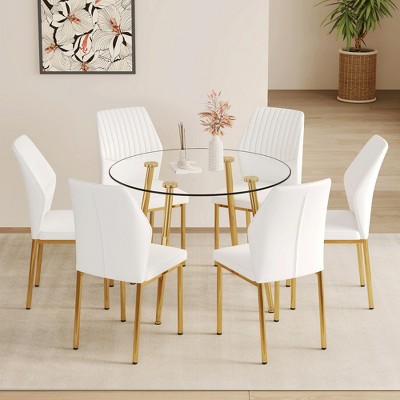 7-Piece Dining Set with Glass Table and 6 PU Armless Chairs