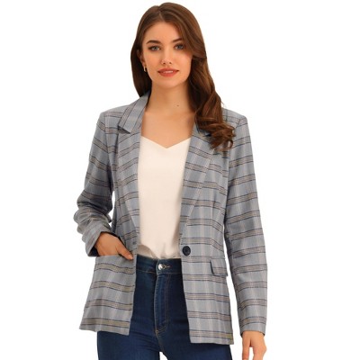 Allegra K Women's Collarless Work Office Long Sleeve Cropped Blazers Grey  Blue Large