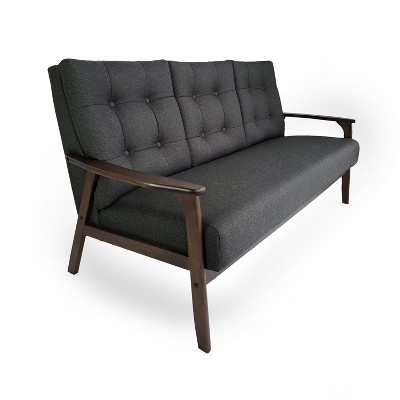 Mid-Century Tufted Black Fabric Sofa with Walnut Wood Frame