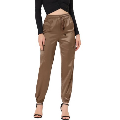 Allegra K Women's Drawstring Elastic High Rise Silky Solid Satin Pants  Brown X-Small