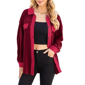 Women's Polar Fleece Shirt Jacket, Button - Down Long - Sleeve Coat with Chest Pockets, Casual Fall & Winter Outerwear - 1 of 4