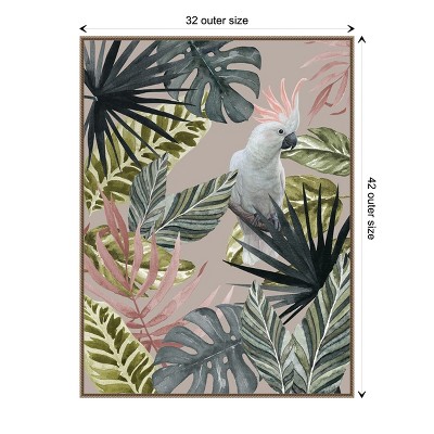 Tropical Cockatoo with Leaves Beaded Bronze Framed Canvas Wall Art 32 x 42