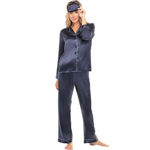 ADR Women's Satin Pajamas Set, Button Down Long Sleeve Top and Pants with Pockets, Silk like PJs with Matching Sleep Mask - 1 of 4