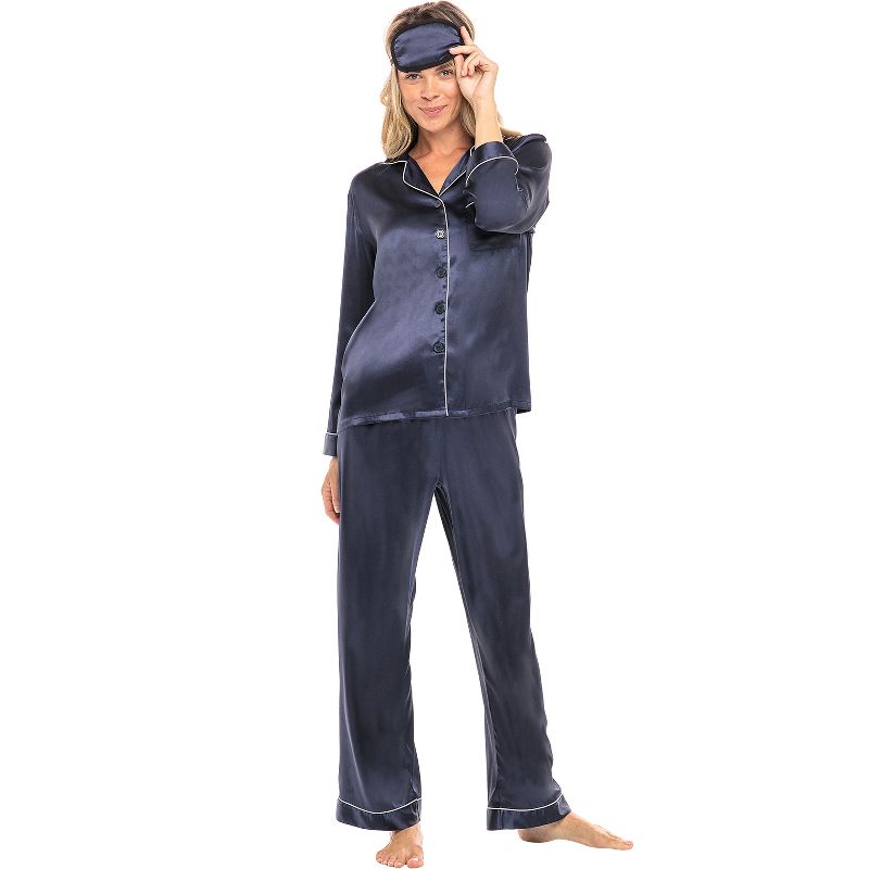ADR Women's Satin Pajamas Set, Button Down Long Sleeve Top and Matching Pants with Pockets, Silk like PJs with Matching Sleep Mask, 1 of 8
