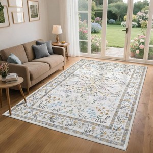 Washable Rug for Living Room Botanical Floral Bedroom Rug Non Slip Soft Vibrant Carpet Low Pile Foldable Floor Mat for Dorm - 1 of 4