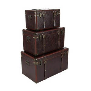 Set of 3 Traditional Faux Leather and Wood Storage Trunks Brown - Olivia & May - 1 of 4
