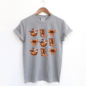 Simply Sage Market Women's Coquette Pumpkin and Cowboy Boots Short Sleeve Garment Dyed Tee - 1 of 3