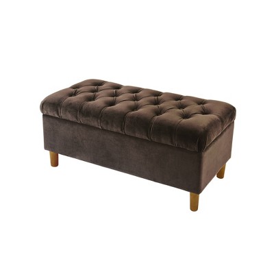 Chocolate Brown Velvet Tufted Storage Bench with Honey Oak Legs