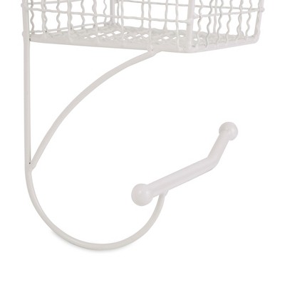 Antique White Metal Farmhouse Toilet Paper Holder with Storage Basket