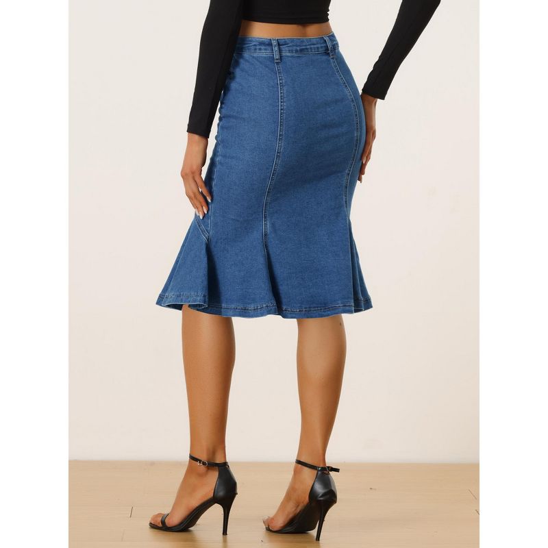 Allegra K Women's High Waist Bodycon Ruffles Side Pockets Fishtail Midi Jean Skirt, 3 of 6