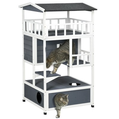 PawHut Wooden Outdoor Cat House, Feral Cat Shelter Kitten Tree with Asphalt Roof, Escape Doors, Condo, Jumping Platform