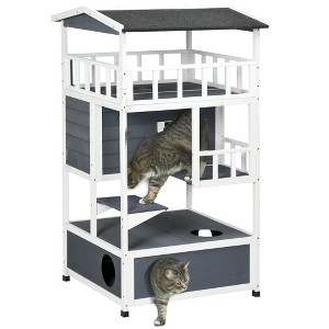 PawHut Wooden Outdoor Cat House, Feral Cat Shelter Kitten Tree with Asphalt Roof, Escape Doors, Condo, Jumping Platform - 1 of 4