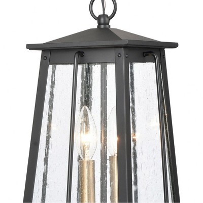 Kirkdale Matte Black and Natural Brass 2-Light Outdoor Pendant with Seeded Glass