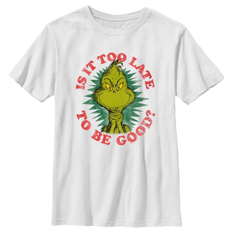 Boy's Dr. Seuss Christmas The Grinch Is it too Late T-Shirt, 1 of 5