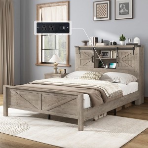 AMERLIFE Farmhouse Bed Frame, Storage Headboard, Charging Ports, No Box Spring - 1 of 4