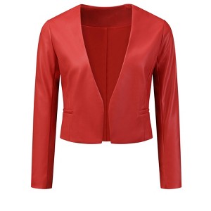 INSPIRE CHIC Women's Collarless Open Front Faux Pocket Faux Leather Crop Moto Jackets - 1 of 4