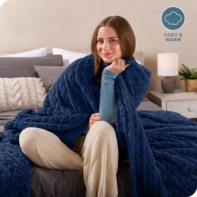 Dark Blue Full/Queen Faux Shearling Cable Knit Sherpa Blanket