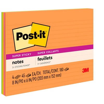 Post-it Super Sticky Large Lined Notes, 8 x 6 Inches, Energy Boost, Pack of 4