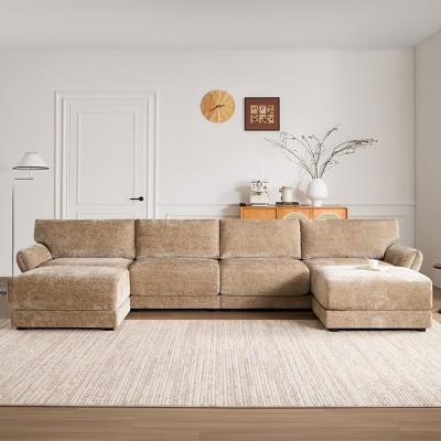 142" U Shaped Modular Sectional Sofa,6 Seat Chenille Sectional Sofa with Ottoman,Petal Arm Upholstered Sectional Sofa for Living Room-Coolbibila