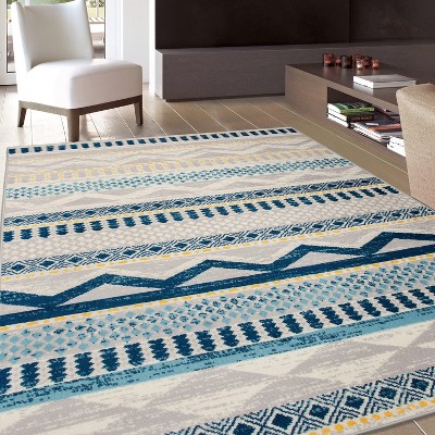 Boho Blue Geometric Tufted Synthetic Area Rug