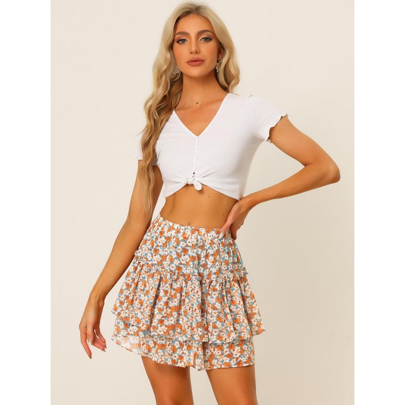 Allegra K Women's Summer Floral Tiered Ruffle Cute Mini Skirt, 4 of 7