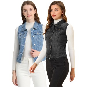 INSPIRE CHIC Women's Buttoned Washed Denim Vest with Faux Chest Flap Pockets 2 Packs - 1 of 4
