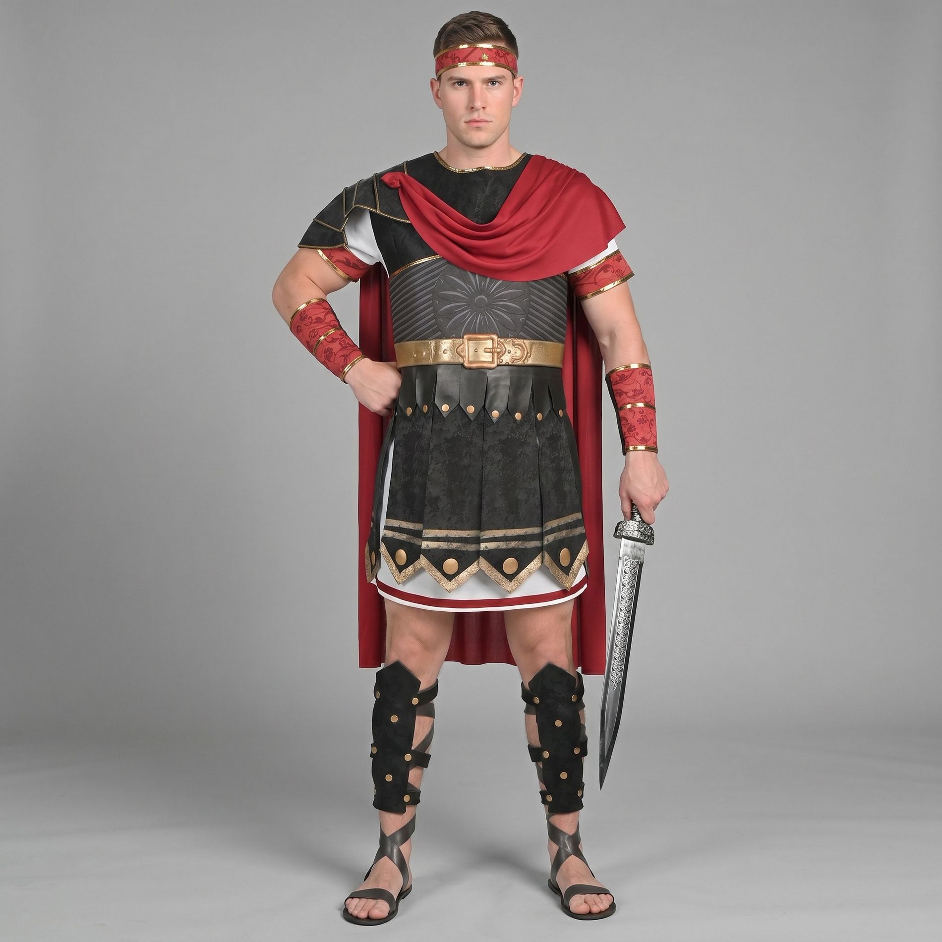 Joyfy Halloween Roman Gladiator Costume Men, Adult Roman Warrior Suit with Cape, Body Armor, Tunic & Shoulder Pad for Halloween Dress Up Party