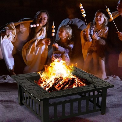 SUGIFT 32" Outdoor Fire Pit Metal Square Fire pit Patio Garden Stove with Cover