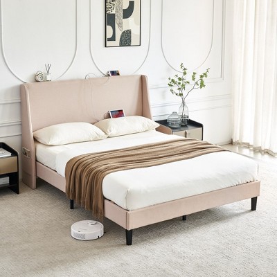 VECELO Upholstered Full/Queen Size Bed Frame with Headboard & Wingback, Platform Bed with USB & Type-C Ports