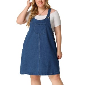 Agnes Orinda Women's Plus Size Casual Adjustable Straps Button Patch Pockets Mini Denim Jumpers - 1 of 4