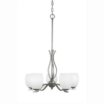 Toltec Lighting Revo 5 - Light Chandelier in  Aged Silver with 5" White Linen  Shade