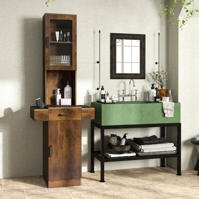 Sevobal Utility Storage Cabinets Stand Barber Station Hair Styling with Glass Door, 3-Tier Shelf, Drawer, Cabinet, Dryer Tool Holders for Salon,