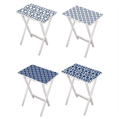 Evergreen Mod Blue and White TV Tray Set with Stand, Set of 4