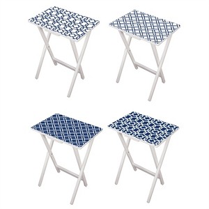 Evergreen Mod Blue and White TV Tray Set with Stand, Set of 4 - 1 of 4
