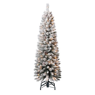 Evergreen Classics 5 Foot Pre Lit Lowell Flocked Pencil Pine Artificial Christmas Tree with Clear White Lights and Pre Decorated Pinecones