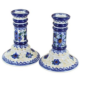Blue Rose Polish Pottery Daisy Surprise Small Candlestick Pair - 1 of 1