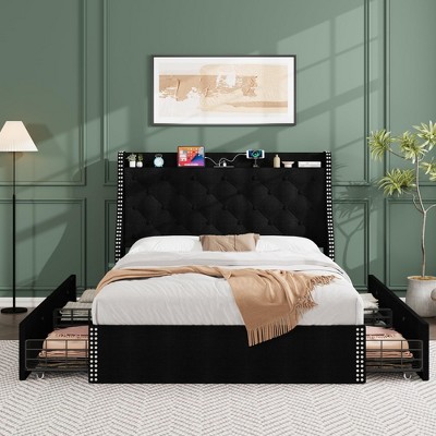 Whizmax Full Size Bed Frame with 4 Storage Drawers and Wingback Storage Headboard, Diamond Stitched Button Tufted Design, No Box Spring Needed,Black Whizmax Full Size Bed Frame with 4 Storage Drawers and Wingback Storage Headboard, Diamond Stitched Button Tufted Design, No Box Spring Needed,Black