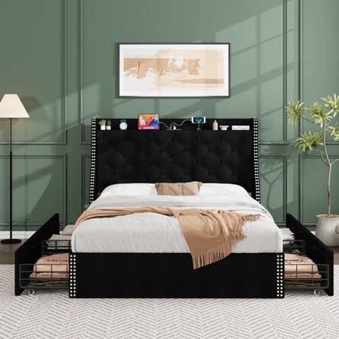 Whizmax Queen/Full Size Bed Frame with 4 Storage Drawers and Wingback Storage Headboard, Diamond Stitched Button Tufted Design, No Box Spring Needed - image 1 of 4