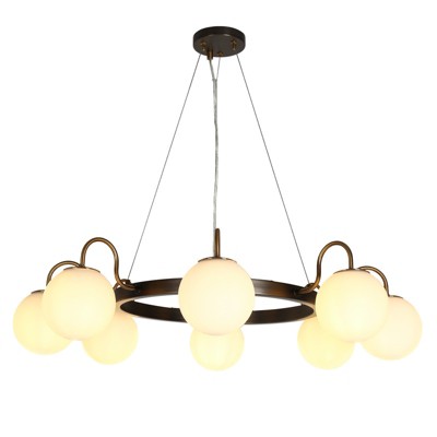 LNC Aladarimostinin 8-Lights 34.2" Wagon Wheel Oversized Chandelier, Brushed Black and Polished Gold with Opal Glass
