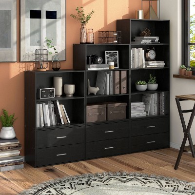 Black 47" Modern Stackable 4-Tier Wood Cube Bookcase