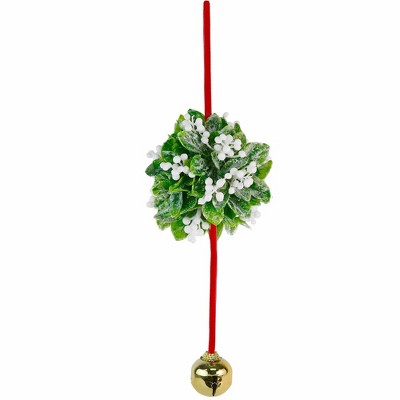Artificial Green and White Mistletoe Ball Ornament with Bell