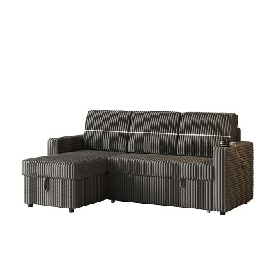 VYNXARIA 85 Inches Corduroy Sofa Bed,3 Seater Sleeper Sofa with Storage Chaise,Pull Out Couch£¬DARK GRAY
