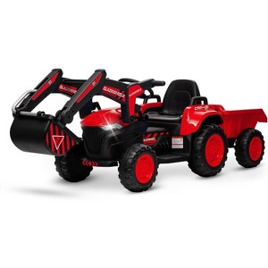 12V Kids Ride-On Excavator Tractor, Electric Vehicles w/Detachable Trailer, Remote Control, LED Lights, Music - 1 of 4