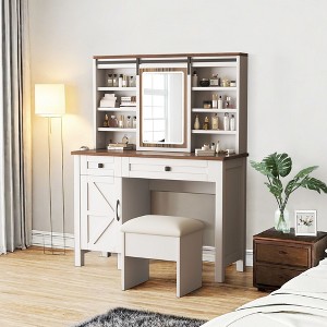 NicBex Vanity Desk with Mirror and Lights Farmhouse Makeup Vanity with Sliding LED Mirror and Charging Socket Multilayer Storage Shelves, White - 1 of 4