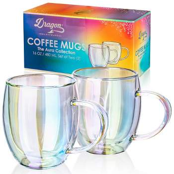Dragon Glassware 16 oz Double Walled Glass Coffee Mugs Iridescent Set of 2