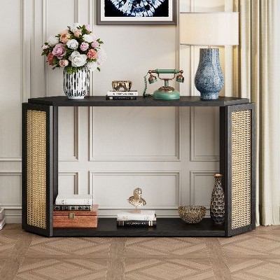 PAGED Arrow-Shaped Console Table with Woven Cane Panel, Ash Veneer Entryway Table with Open Shelf, Rattan Entryway Sofa Side Table