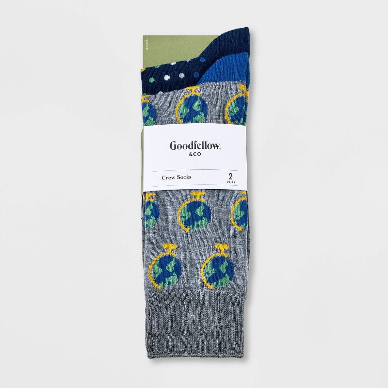 Men&#39;s Globe Print Novelty Crew Socks 2pk - Goodfellow &#38; Co&#8482; Charcoal Gray/Blue 7-12, 4 of 5