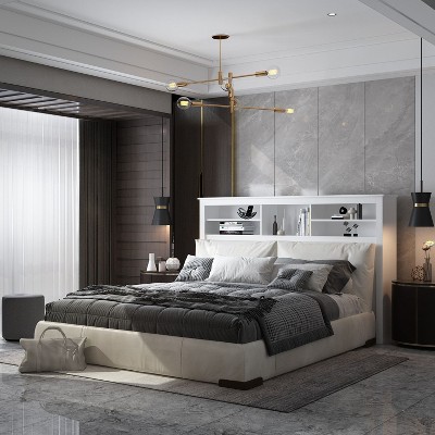 FUFU&GAGA Headboard With Storage Shelves & Remote Adjustable Light